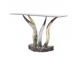 Luxusný obdĺžnikový sklenený konzolový stolík Hornglas s podstavou zo zvieracích rohov a dreva 130cm