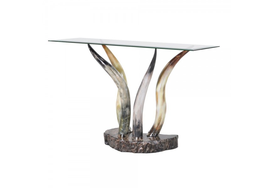 Luxusný obdĺžnikový sklenený konzolový stolík Hornglas s podstavou zo zvieracích rohov a dreva 130cm
