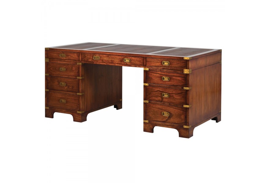 Jedinečný luxusný kancelársky stolík Dark Rich v hnedom prevedení so zásuvkami a s kovovými zlatými prvkami