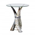 Extravagantný príručný stolík Hornglas s odkladacou doskou v tvare kruhu a podstavou z troch zvieracích rohov