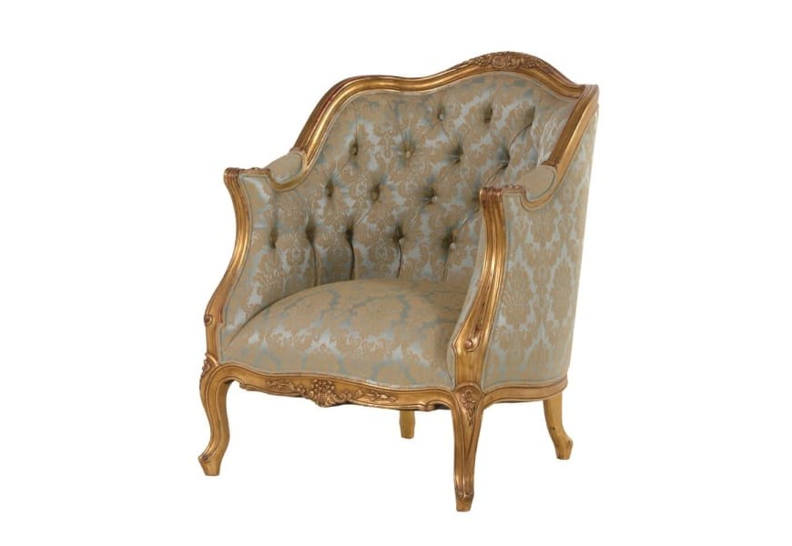 Ručne vyrezávané barokové kreslo zlatej farby z mahagonového dreva s prešívaním a s opierkami na ruky