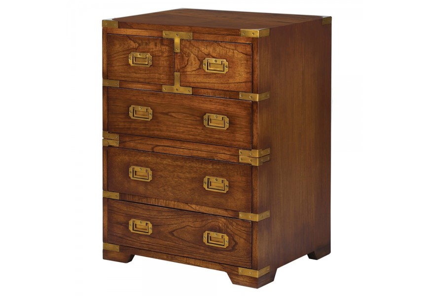 Štýlový koloniálny príručný stolík Dark Rich v hnedej farbe z  masívu a MDF a s piatimi zásuvkami so zlatými rukoväťami