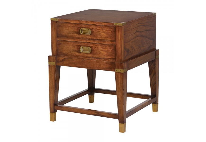 Štýlový vidiecky nočný stolík Dark Rich s dvomi zásuvkami v hnedom prevedení z masívneho dreva a MDF