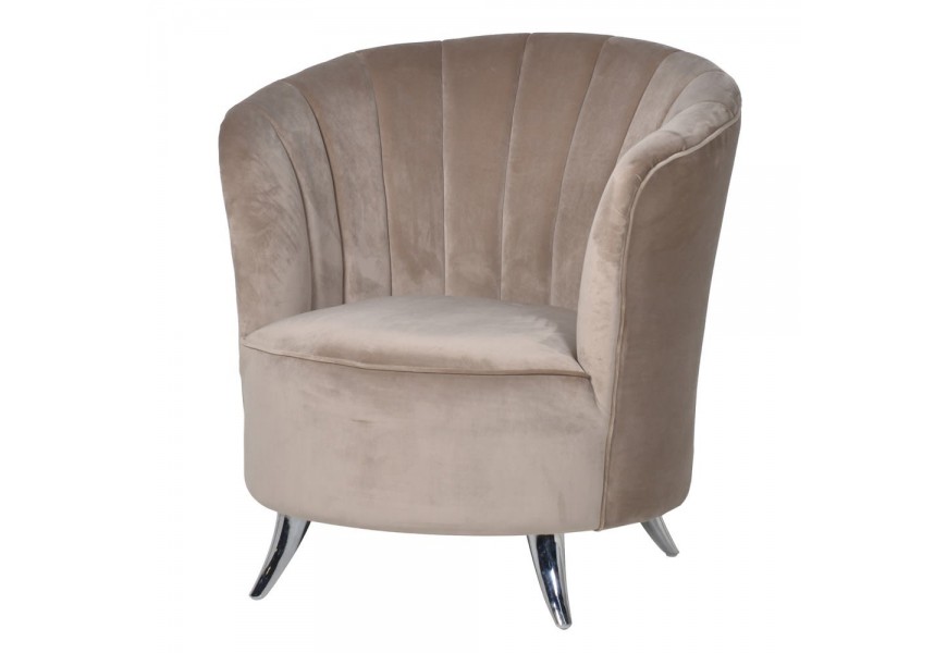 Béžové zamatové kreslo Blair v art-deco štýle s nohami striebornej farby