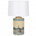 Dizajnová stolná lampa France z keramiky v zlato-tyrkysovom dekore a s biely textilným tienidlom 64cm