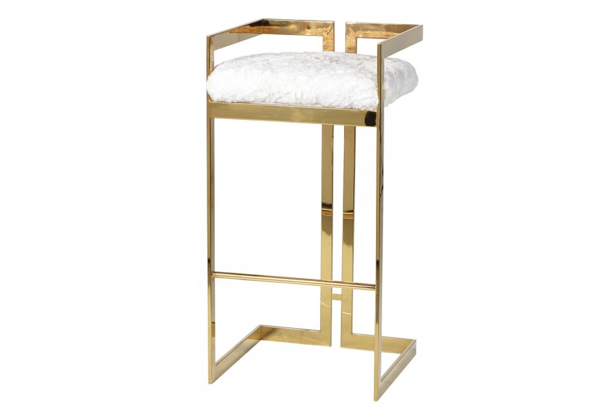 Luxusná barová stolička Elda so zlatými geometricky tvarovanými nohami a sedadlom z bielej kožušiny