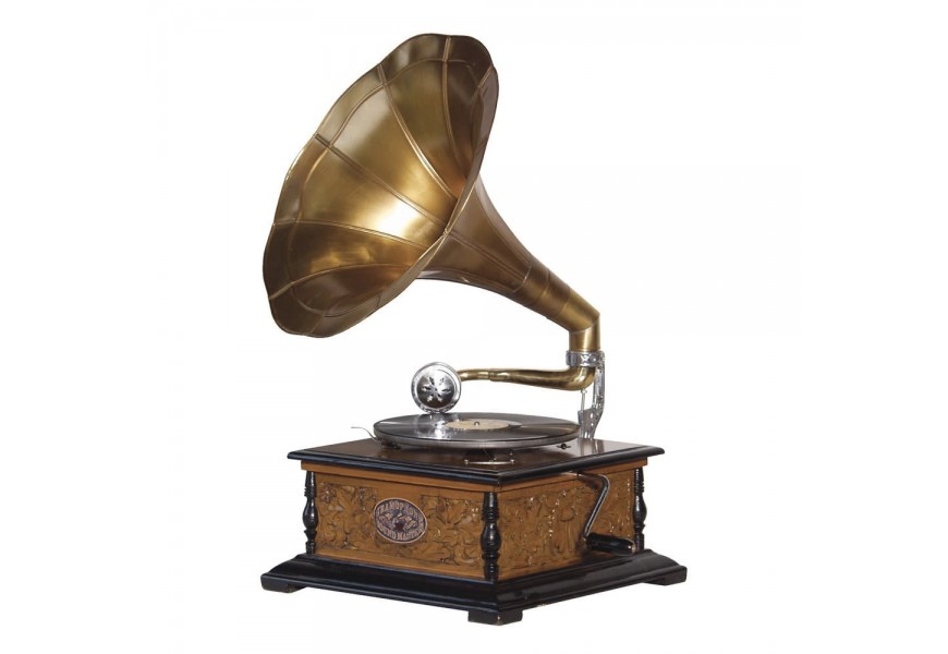 Rustikálny gramofón Tempos s dekorovanou drevenou podstavou zo stromu manga a veľkej mosadznej tuby