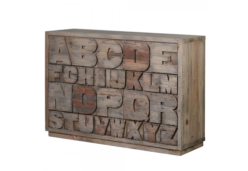 Štýlová dizajnová komoda Downey so zásuvkami s abecedným vzorom z dreva v sivohnedej farbe