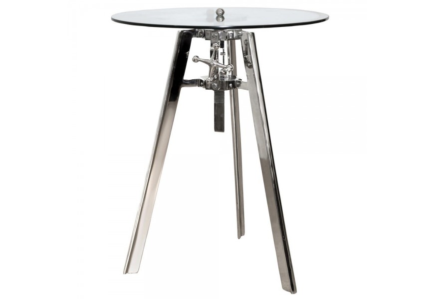 Dizajnový chrómový príručný stolík Rendy s výškovo nastaviteľnou kruhovou sklenenou doskou