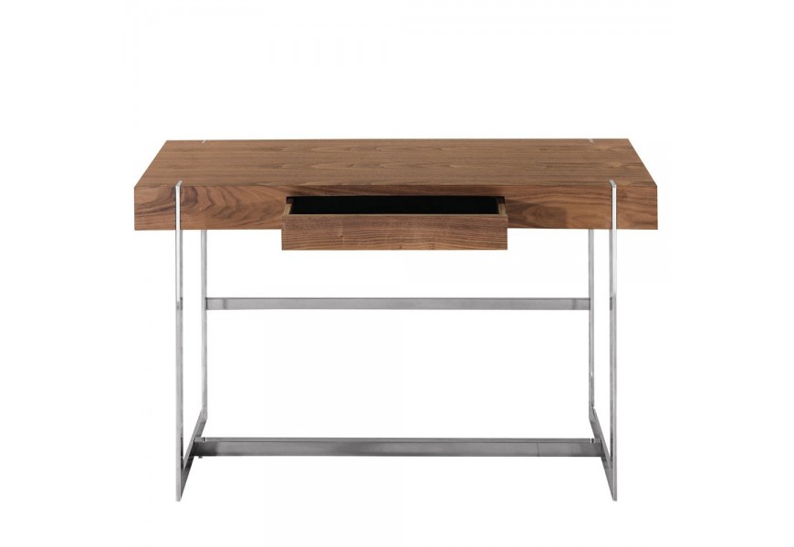 Dizajnový konzolový stolík Horton II v geometrickom tvare s dreveným povrchom a úložným priestorom doplnený kovovými nohami
