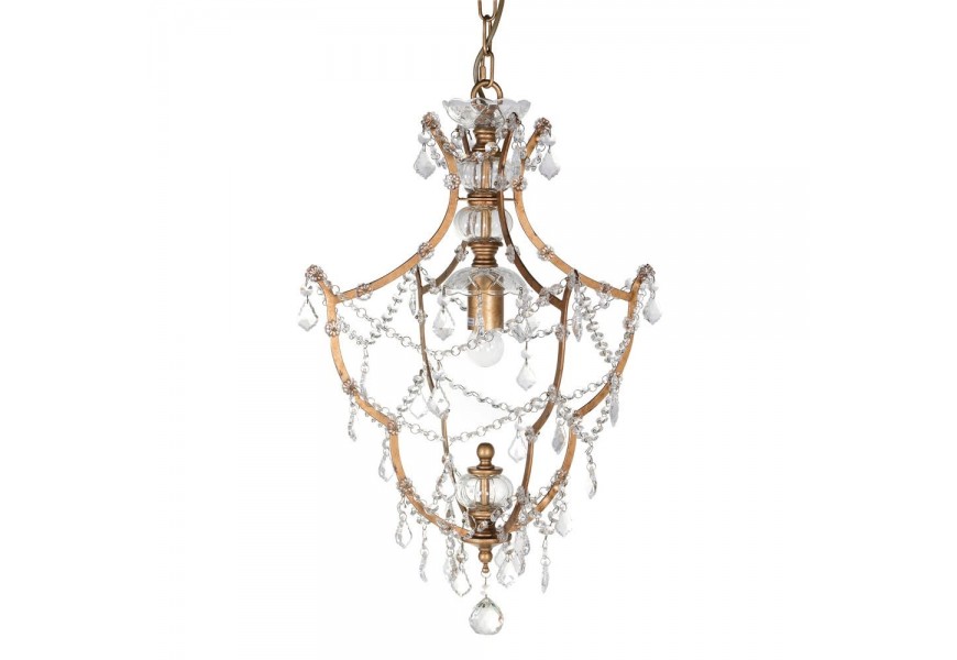 Štýlový závesný luster Grasel so sklenenými kryštálmi na dekoratívnej zlatej konštrukcii