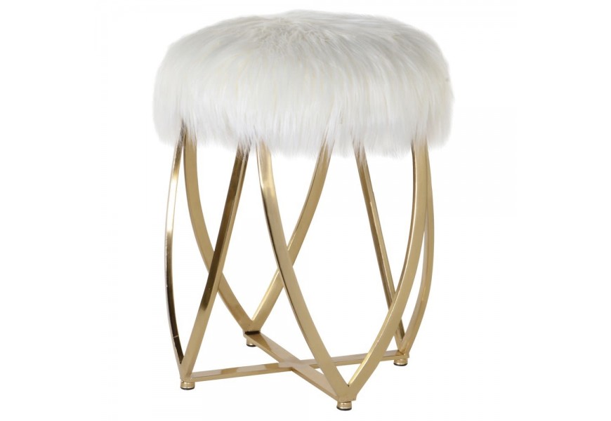Jedinečná art-deco taburetka so zlatou konštrukciou a s poťahom s bielou umelou kožušinkou