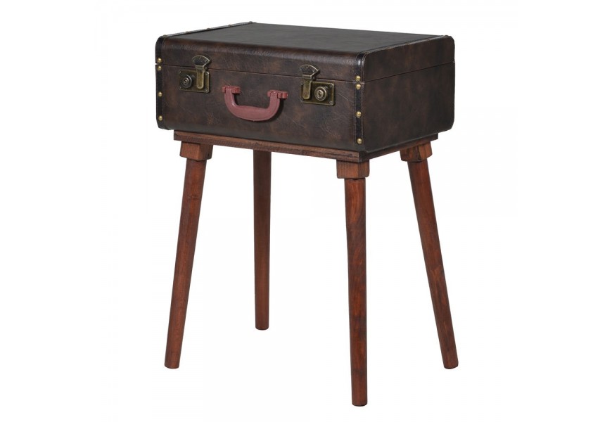 Štýlový príručný stolík Maleta v podobe kufra s koženým povrchom na drevenej podstave