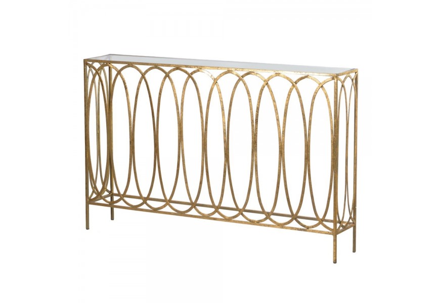Štýlová konzola Holoa so zlatou konštrukciou v geometrickom tvare doplnená priehľadnou doskou zo skla