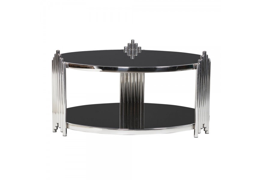 Štýlový konferenčný stolík Decorio Low v tvare kruhu s chrómovou konštrukciou a odkladacím priestorom zo  zrkadlového skla