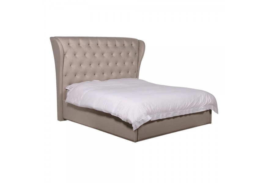 Moderná štýlová posteľ Atlanta Max ľanovým poťahom béžovej farby a s chesterfield prešívaním na vysokom čele