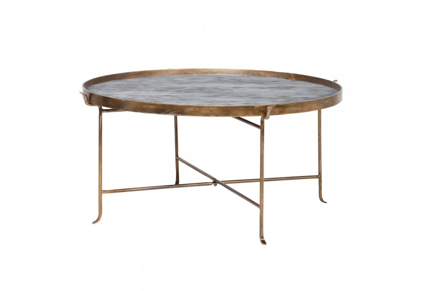 Štýlový vintage konferenčný stolík Baltimore so zlatou kovovou konštrukciou a s povrchovou doskou s mramorovým efektom