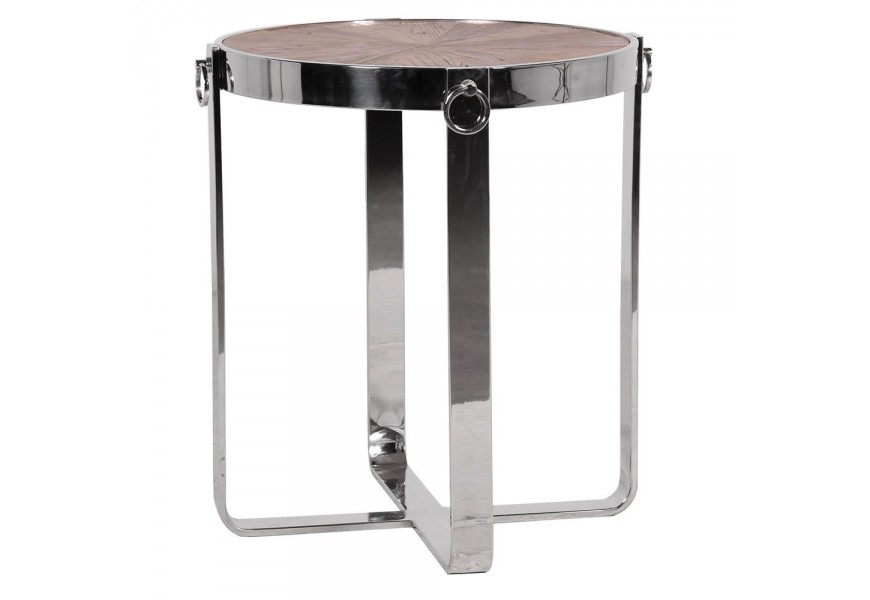 Štýlový moderný príručný stolík Houston kruhového tvaru s oceľovou konštrukciou a doskou z recyklovaného brestového dreva