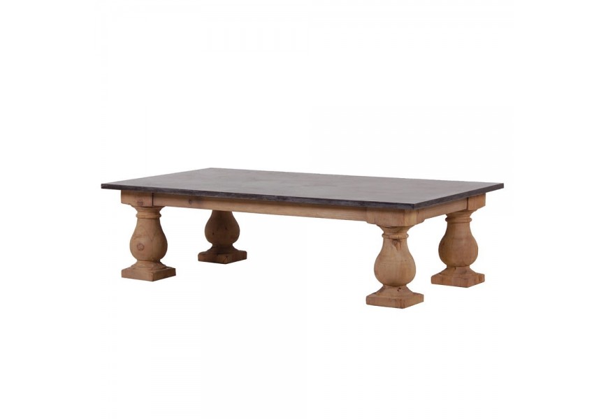 Štýlový koloniálny konferenčný stolík Lincoln s drevenými nohami a mramorovou povrchovou doskou v sivej farbe