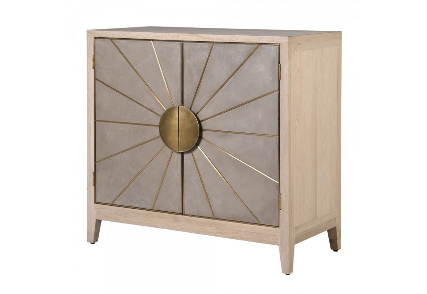 Štýlový art-deco príborník Sunrise z masívneho dubového dreva a betónovými dvierkami so zlatými kovovými prvkami