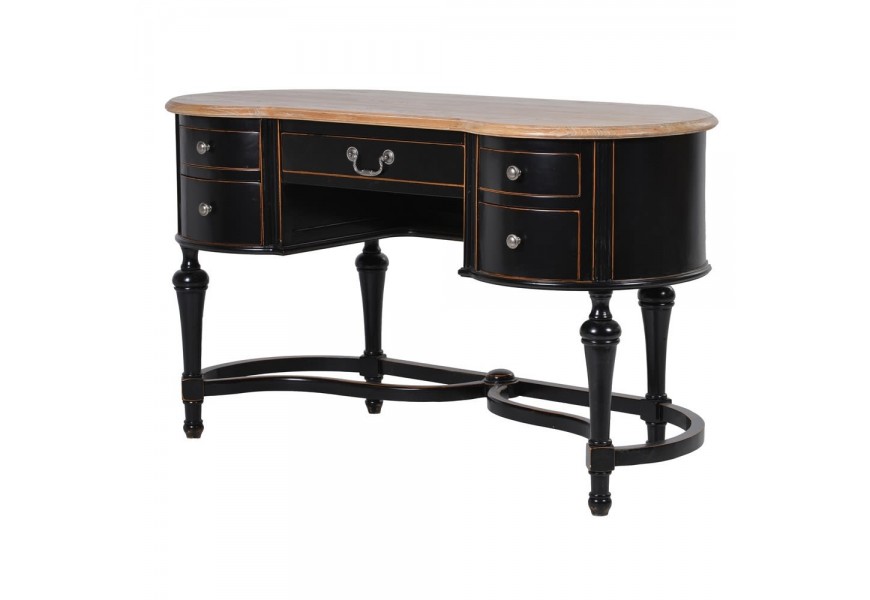 Luxusný koloniálny kancelársky stôl Savannah oblého tvaru z masívneho dreva v čiernej farbe so zásuvkami a hnedou povrchovou dos
