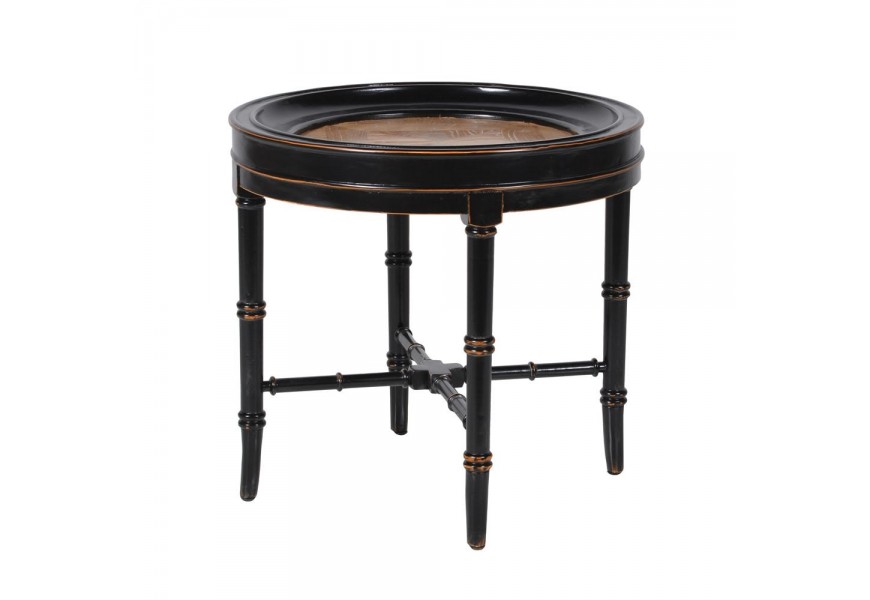 Exkluzívny koloniálny príručný stolík Savannah kruhového tvaru z masívneho dreva s vyrezávanými nohami v čiernej farbe