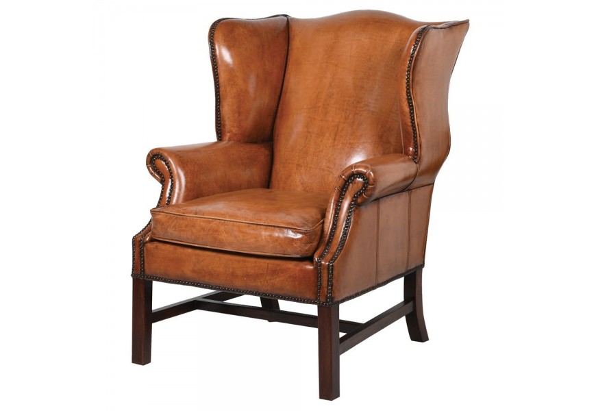 Štýlové kreslo Franze IV v podobe ušiaka v hnedom koženom prevedení s drevenými nohami