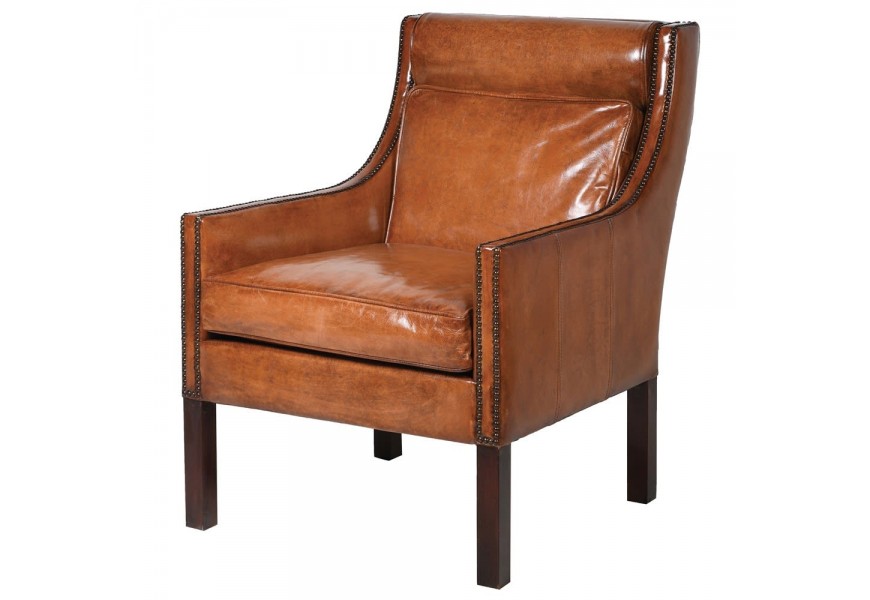 Štýlové kreslo Franze III s čalúnením v hnedej koži a s tmavými drevenými nohami