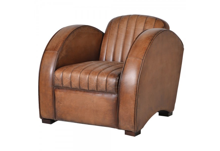 Štýlové kreslo v typickom retro tvare hnedého prešívaného koženého čalúnenia doplnené nohami z dreva