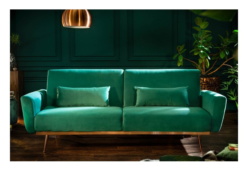 Štýlová retro smaragdová rokladacia sedačka s medenými nohami