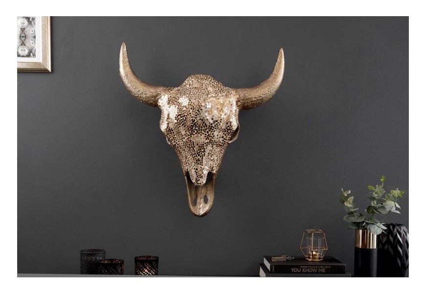 Dizajnová nástenná dekorácia Lebka s mozaikovým motívom 60cm zlatá