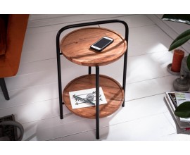 Moderný kruhový príručný stolík Relik z akáciového dreva s čiernymi kovovými nohami a úchytom 37cm