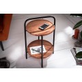 Dizajnový kruhový príručný stolík Relik s odkladacím priestorom z akácie na čiernej kovovej konštrukcii s madlom