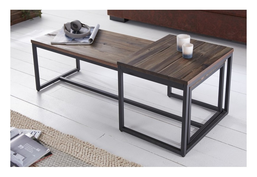 Štýlový set industriálnych konferenčných stolíkov Elements  z masívneho akáciového dreva s čiernymi kovovými nohami