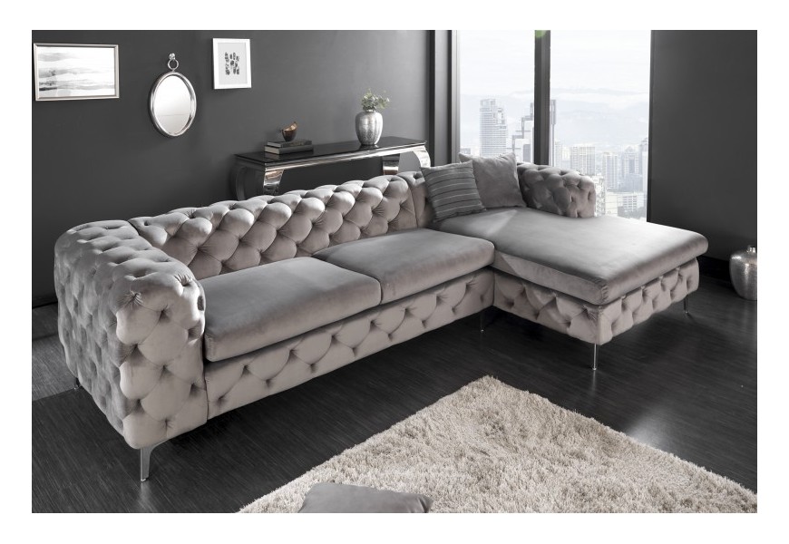 Chesterfield sedačka Modern Barock v sivom zamatovom poťahu so strieborn&yacute;mi nohami 275cm