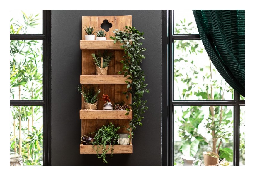 Masívny nástenný regál Hemingway vo vidieckom štýle v hnedej farbe z teakového dreva so štyrmi poličkami