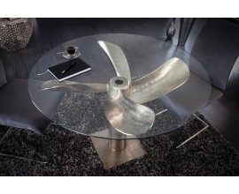 Sklenená kruhová doska Helice k industriálnej nohe jedálenského stola v tvare lodnej skrutky 105cm