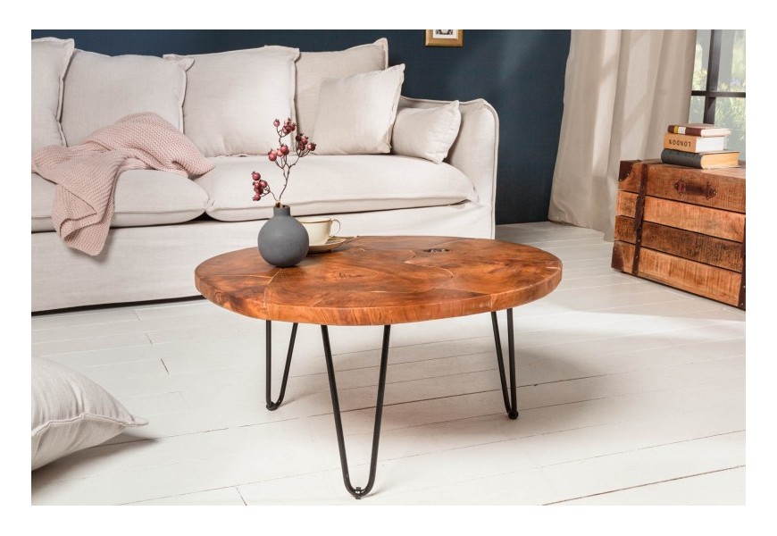 Moderný kruhový konferenčný stolík Murrieta v industriálnom štýle z teakového dreva s hnedým povrchom