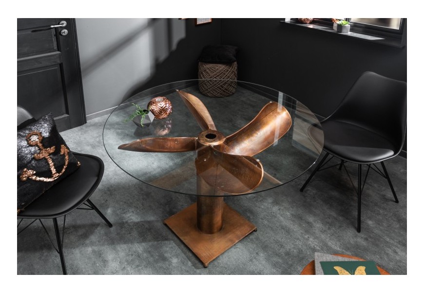 Industriálny bronzový jedálenský stôl Helice v tvare lodnej skrutky s okrúhlou doskou zo skla 94cm