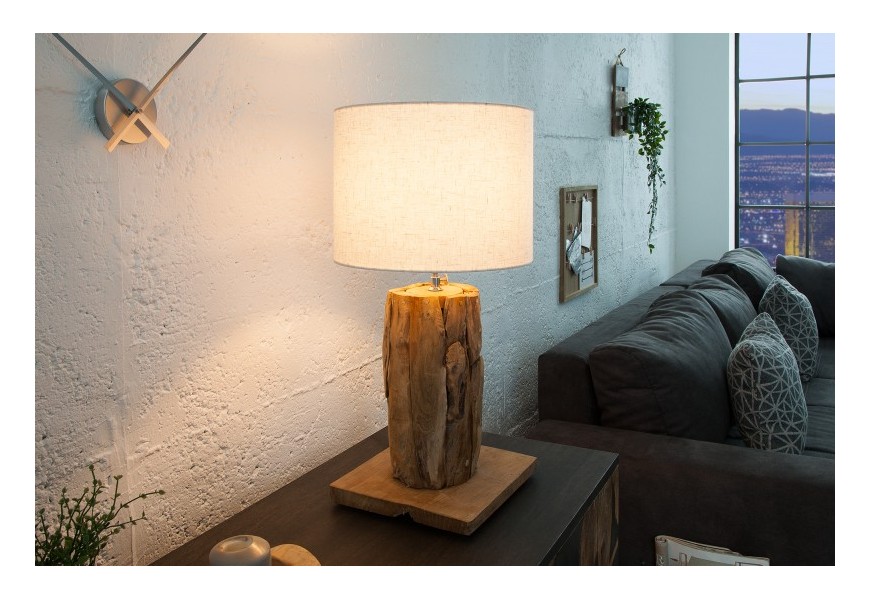 Koloniálna drevená stolná lampa Pole II s polohovateľným ľanovým tienidlom v naturálnej bielej farbe 59-70cm