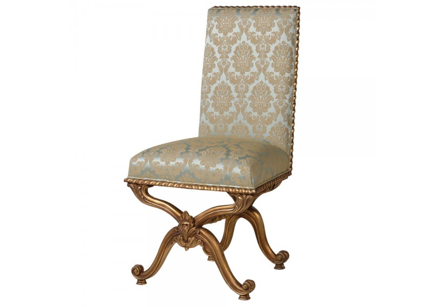 Baroková luxusná jedálenská stolička Roi Gilt s ornamentálnym poťahom v béžových odtieňoch so zlatými nohami 107cm