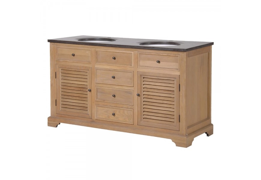 Vidiecka masívna kúpeľňová skrinka s umývadlami Cocoa z dubového dreva v hnedej farbe a s čiernou mramorovou povrchovou doskou