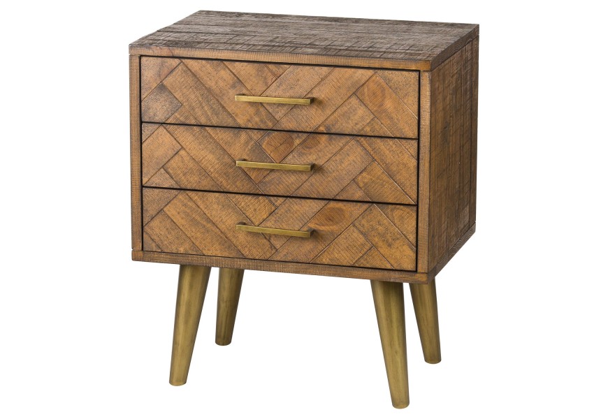 Retro nočný stolík HAVANA ORO v medovo-hnedom prevedení na nožičkách zlatej farby s tromi zásuvkami