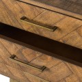 Retro medovo-hnedý nočný stolík HAVANA ORO s parketovým vzorom  na nožičkách zlatej farby 65cm