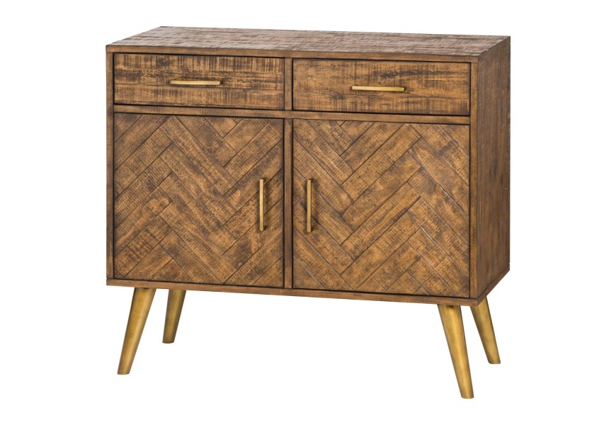 Retro medovo-hnedý príborník HAVANA ORO na nožičkách v antickej zlatej s parketovým vzorom na dvierkach