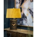 Čierna art-deco stolná lampa Abejo s horčicovým zamatovým tienidlom a s obrázkom včely