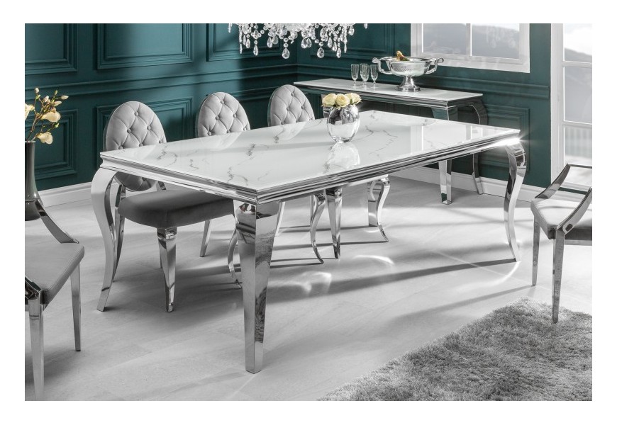 Mramorový jedálenský stôl Modern Barock so sklenenou doskou a lesklými chrómovými nohami