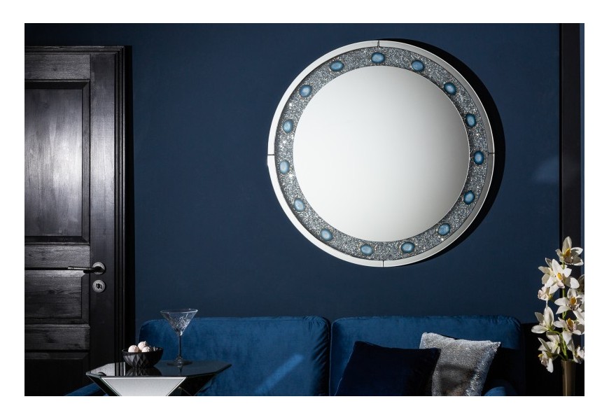Luxusné okrúhle nástenné zrkadlo Roodwuk s kryštálmi a modrým achátom 100cm