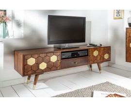 Masívny TV stolík Roslin z akáciového dreva s organickým dizajnom a zlatými prvkami 140cm
