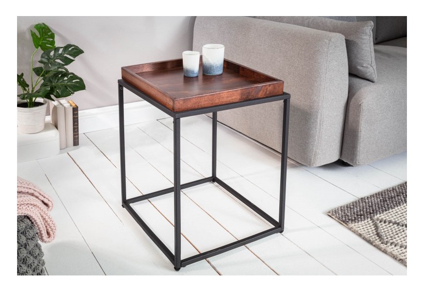 Kovový štvorcový príručný stolík Elements s odnímacou tmavohnedou povrchovou doskou z bukového dreva